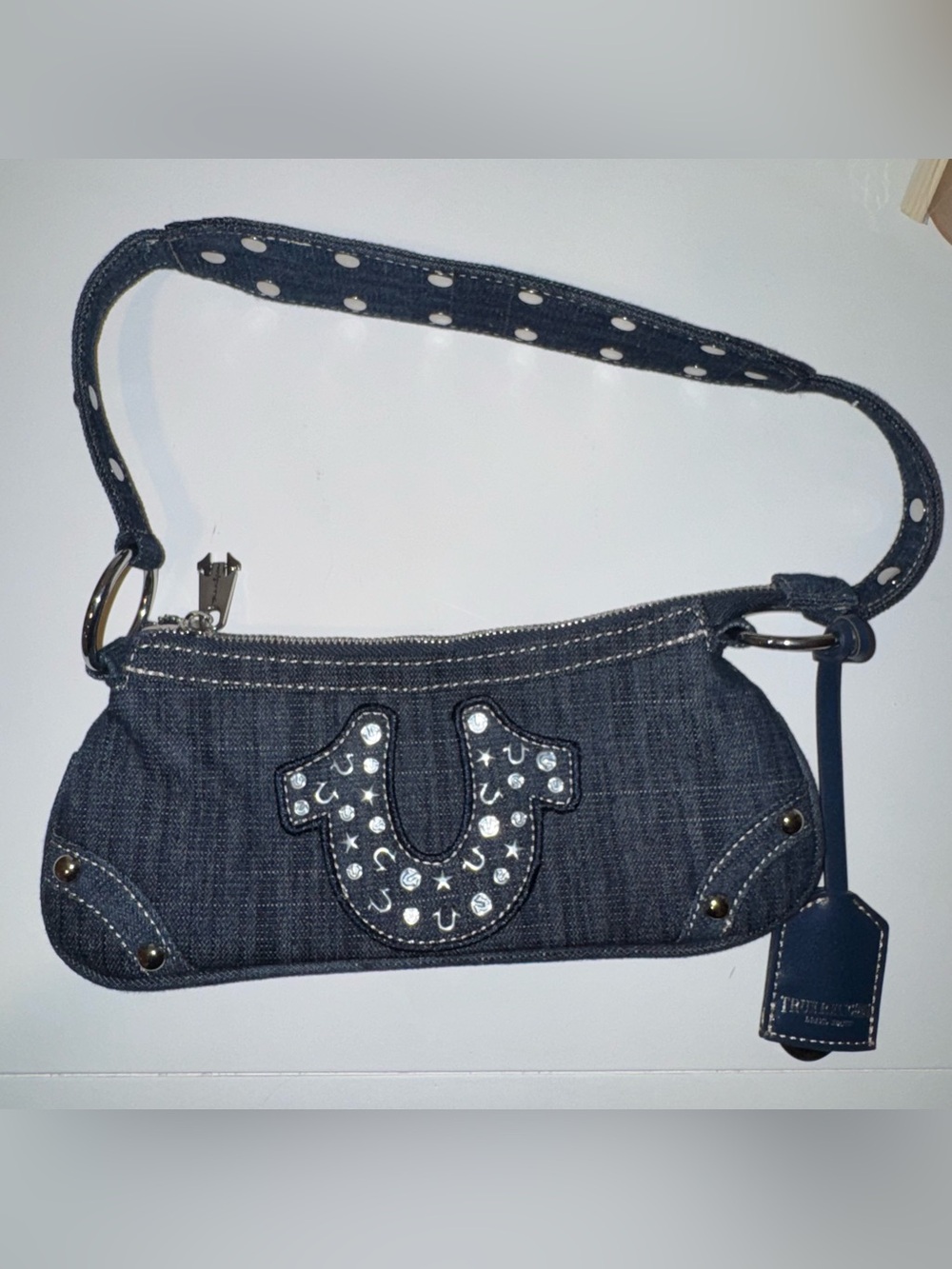 True Religion Denim Shoulder Bag with Embellished Horseshoe Accent - Navy